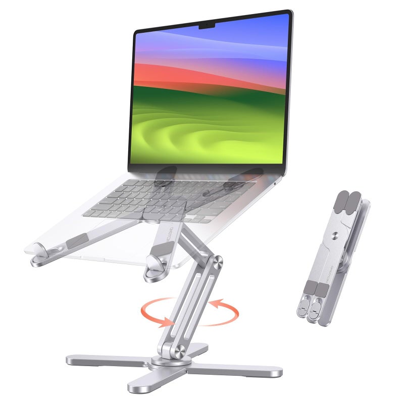 OMOTON LA10 360Â° Rotating Laptop Stand Riser for Desk, Ergonomic Foldable Computer Stand Adjustable Height Angles for Collaborative Work, Easy Storage Fit Macbooks,All Laptops up to 16 inches, Silver - Image 1