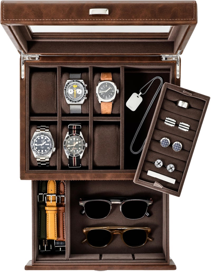 TAWBURY 6 Slot Watch Box for Men  Luxury Watch Jewelry Box for Men with Storage for Sunglasses Cufflinks  Mens Jewelry Box with Watch Storage  Watch Display Case Brown