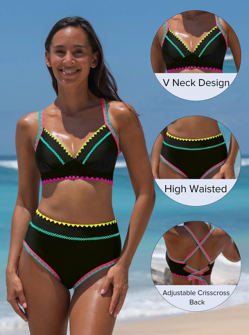 popvil High Waisted Bikini Sets for Women Two Piece Neon Swimsuits 2026 Full Coverage V Neck Cute Cheeky Bathing Suits Ladies Mom Beach (Black) - Image 4