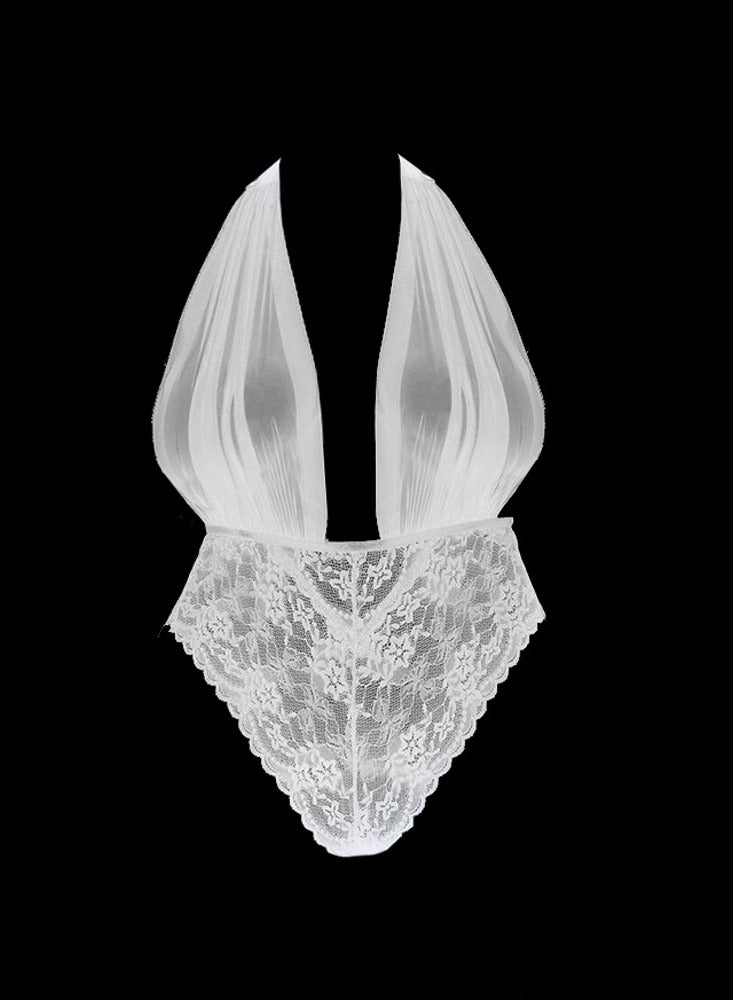 MARGOUN بدلة نسائية متوسطة الحجم من الدانتيل بتصميم V عميق ورقبة هالتر قطعة واحدة بدون ظهر ملابس نوم بيضاء /W405 - Image 2