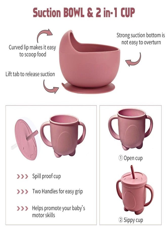 SKYFUN (LABEL) Silicone Baby Feeding Set with Suction Plate Bowl Sippy Cup Bib Spoon Fork, Unbreakable Dinnerware for Babies Toddlers (Pink) - Image 4