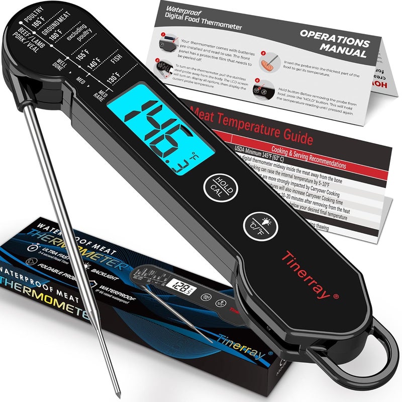 Tinerray Digital Meat Thermometer for Cooking, Grilling & BBQ - Ultra-Fast Instant Read Thermometer with Waterproof Design,Backlight & Calibration - Perfect for Candy Making, Deep Frying, Turkey, Beef (Black) - Image 1