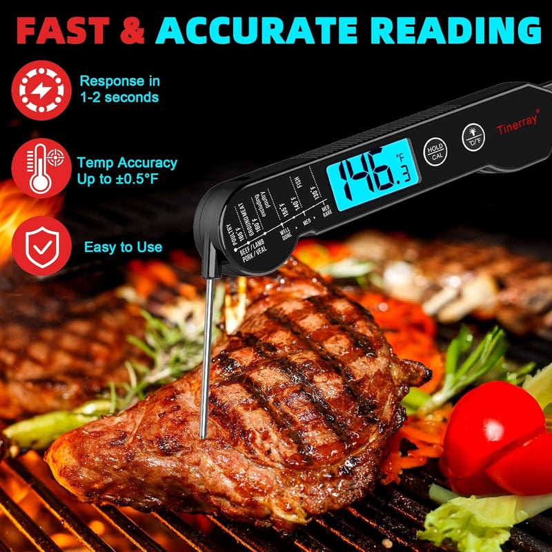 Tinerray Digital Meat Thermometer for Cooking, Grilling & BBQ - Ultra-Fast Instant Read Thermometer with Waterproof Design,Backlight & Calibration - Perfect for Candy Making, Deep Frying, Turkey, Beef (Black) - Image 2