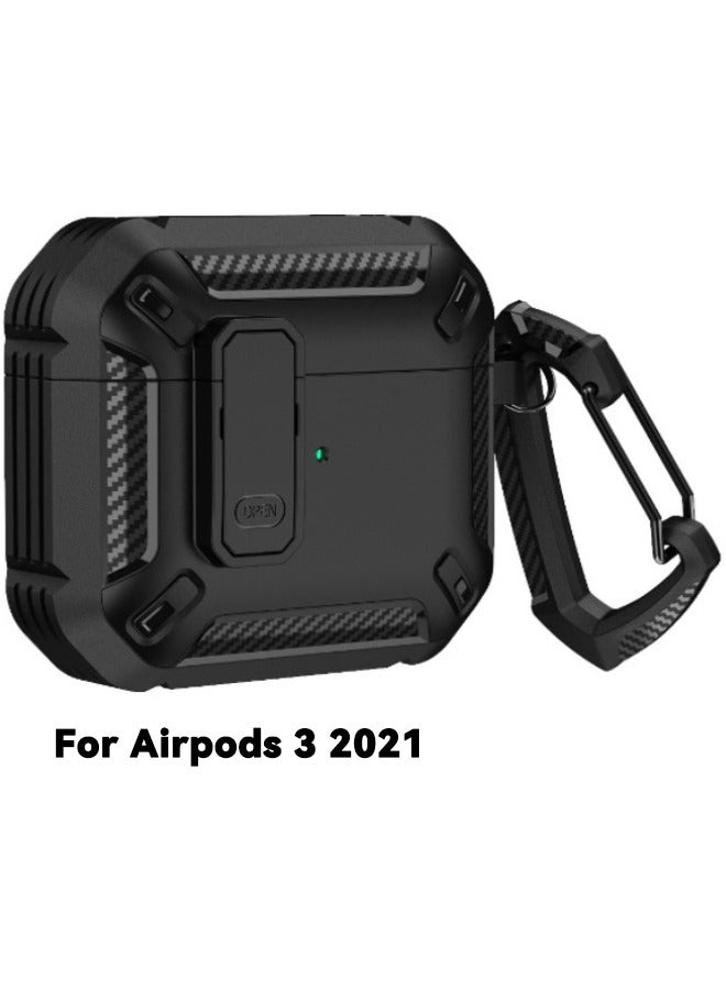 Airpods 3 2021 Case Cover, AirPods 3rd Generation Case with Lock, Hard Shell Rugged Shockproof Cover with Keychain Compatible with Apple Airpods 3rd Generation 2021, Black