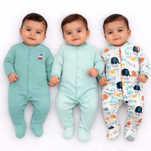 VParents Aqua Full Length Printed Baby Footies Sleepsuit Romper Pack of 3 - New Born (New Born, Green) - Image 1