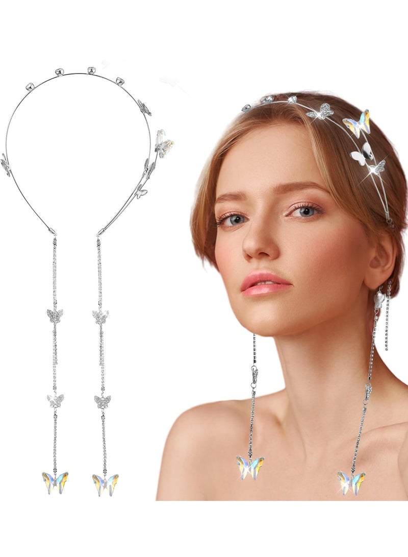 Excefore Wedding Butterfly Headband For Women, Shinny Rhinestone Tassel Head Chain Crystal Headpieces Decorative Elegant Headwear Hair Hoop Band Headdress Hair Accessories For Women Girls - Image 1