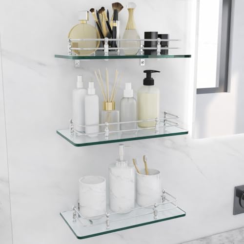 FORTUNE Multipurpose Wall Hung Transparent Glass Shelf for Bathroom or Living Room, Bathroom Accessories 12 x 6 - Inch - (Pack of 3) - Image 2