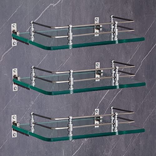 FORTUNE Multipurpose Wall Hung Transparent Glass Shelf for Bathroom or Living Room, Bathroom Accessories 12 x 6 - Inch - (Pack of 3) - Image 1
