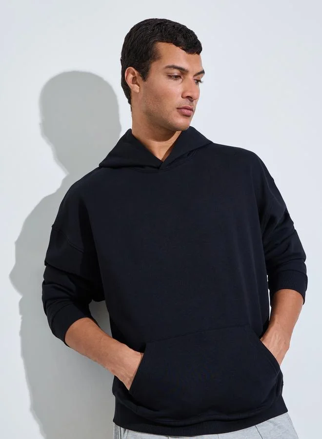 Styli Black Oversized Printed Fleece Hoodie with Front Pocket