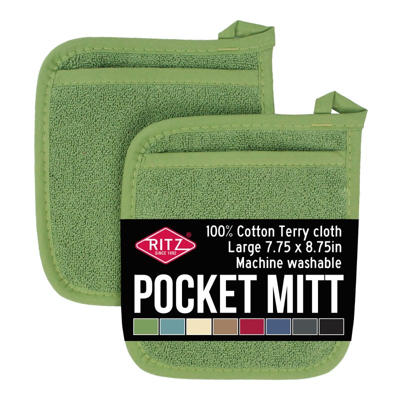 Ritz Terry Pocket Mitt & Hot Pad: Unparalleled Heat Resistant  Durable 100% Cotton - Ergonomically Designed for Optimal Grip - Easy-Care Machine Washable  Perfect for Your Kitchen - Cactus Green  2-Pk - Image 1