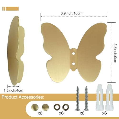 Primst 3 PCS Brass Butterfly Hooks with Screws, Decorative Wall Mounted Hooks Hat Rack Robe Hook for Bathroom Kitchen Entryway (Gold) - Image 3