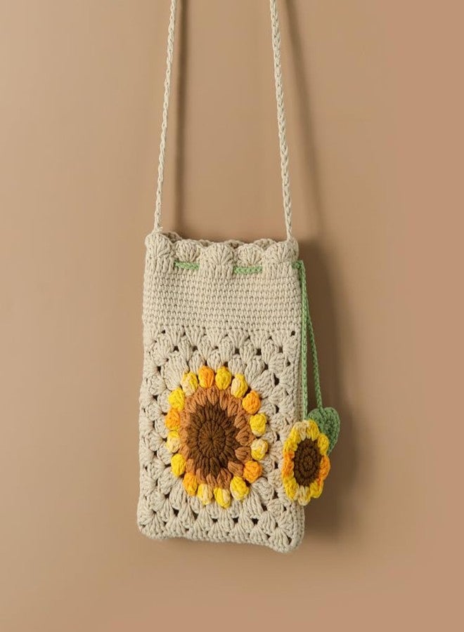 HIPIHOM Handmade Sunflower Crochet Bag Knitted Shoulder Phone Bag Crossbody Bag Beach Women Messenger Shoulder Bags Girls Woven Purse (Beige) - Image 4