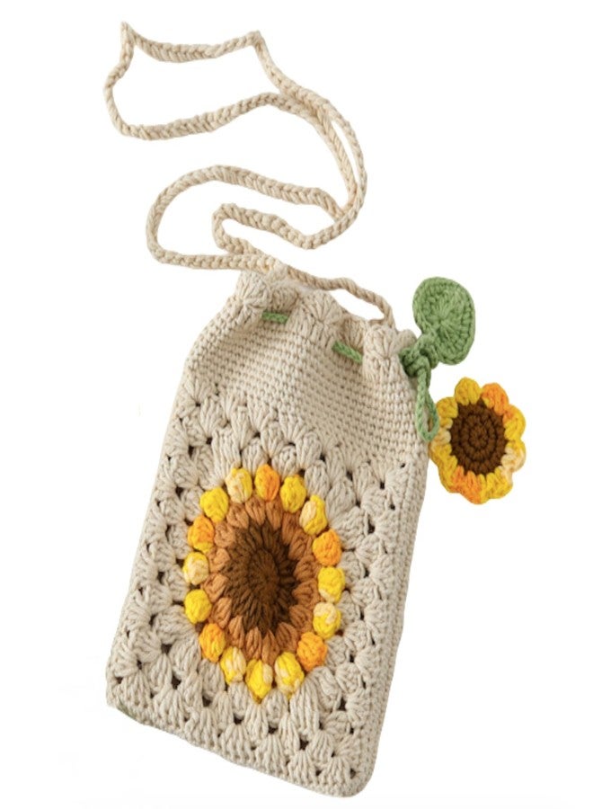 HIPIHOM Handmade Sunflower Crochet Bag Knitted Shoulder Phone Bag Crossbody Bag Beach Women Messenger Shoulder Bags Girls Woven Purse (Beige) - Image 1