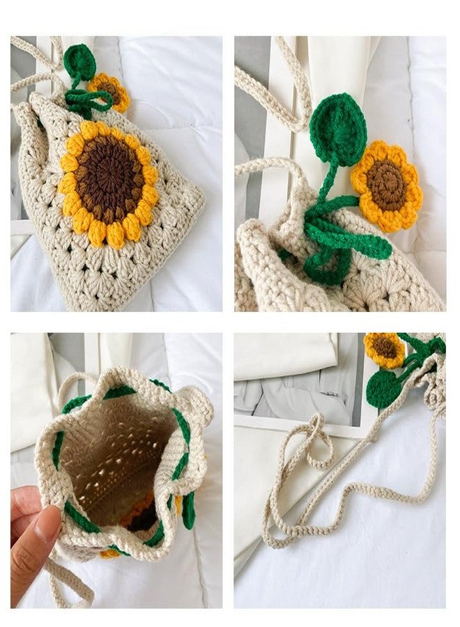 HIPIHOM Handmade Sunflower Crochet Bag Knitted Shoulder Phone Bag Crossbody Bag Beach Women Messenger Shoulder Bags Girls Woven Purse (Beige) - Image 3