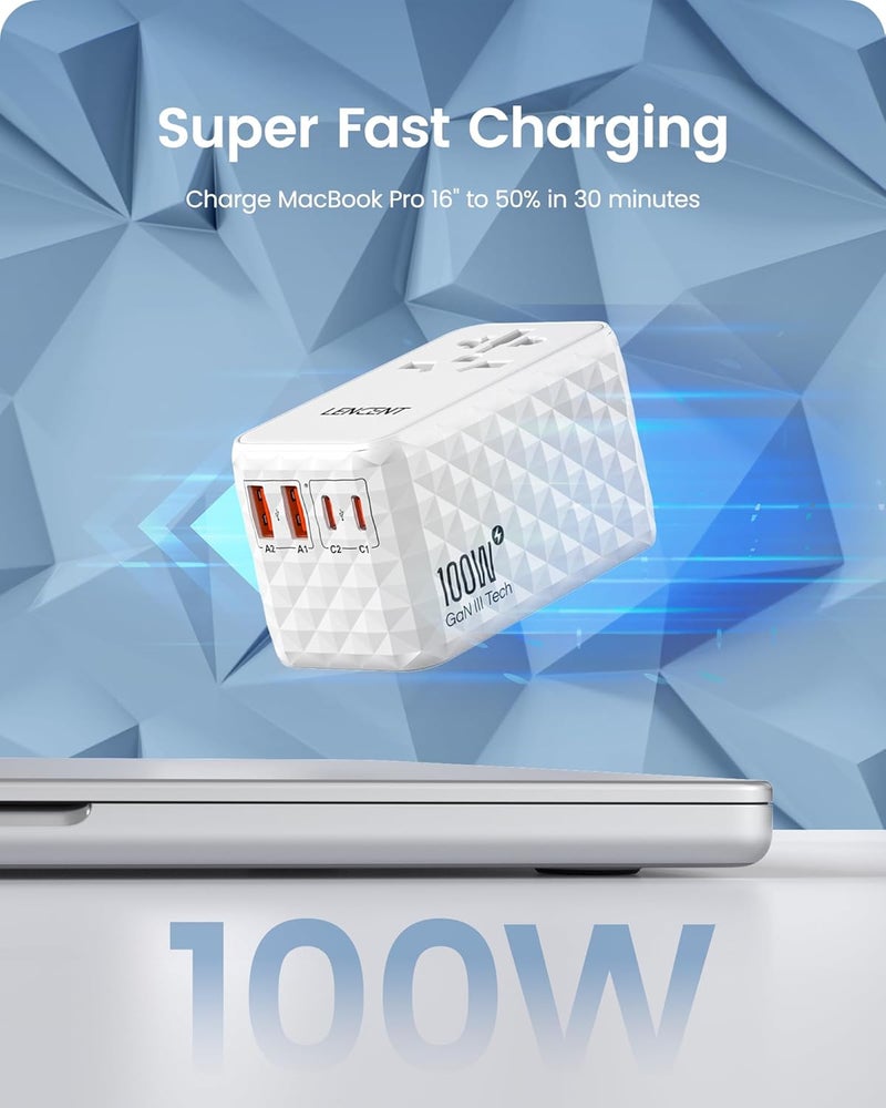 Lencent 100W International Travel Plug Adapter, Universal Travel Adaptor with 2 USB-A & 2 USB-C Fast Charging, All-in-One Power Adapter for Mobile Phone, Laptops, Type A/C/G/I (USA/EU/UK/AUS), White - Image 3