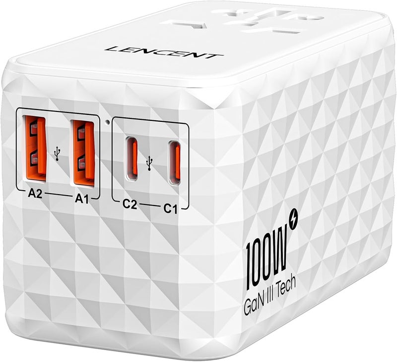 Lencent 100W International Travel Plug Adapter, Universal Travel Adaptor with 2 USB-A & 2 USB-C Fast Charging, All-in-One Power Adapter for Mobile Phone, Laptops, Type A/C/G/I (USA/EU/UK/AUS), White - Image 1