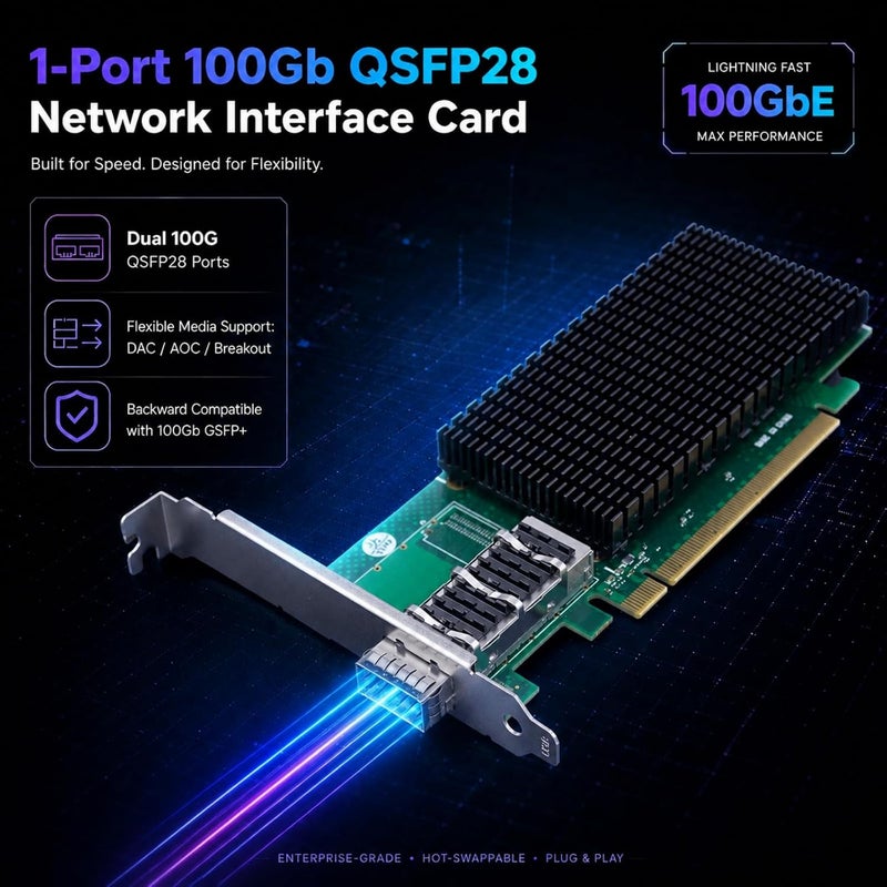 GLOTRENDS ST7340 1-Port 100G QSFP28 Ethernet Network Card with Intel E810-CAM1 Controller, PCIE 4.0 X16 Interface, Support Windows 11/10/Windows Server/Linux/RHEL/SLES/Ubuntu/Debian/Freebsd - Image 2