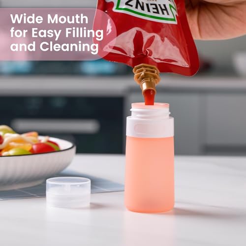 MICEBAY Condiment Squeeze Bottles for Sauces, 2-oz Mini Silicone Salad Dressing Container to Go with Snack Storage Bag, Leakproof Sauce Bottles for Lunch Box, 4 Pack, Pink - Image 3