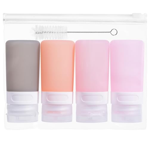 MICEBAY Condiment Squeeze Bottles for Sauces, 2-oz Mini Silicone Salad Dressing Container to Go with Snack Storage Bag, Leakproof Sauce Bottles for Lunch Box, 4 Pack, Pink - Image 1