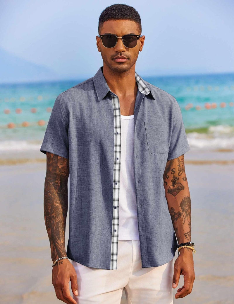 COOFANDY Men's Button Down Shirt Summer Beach Shirt Short Sleeve Untucked Shirt Dark Blue - Image 3