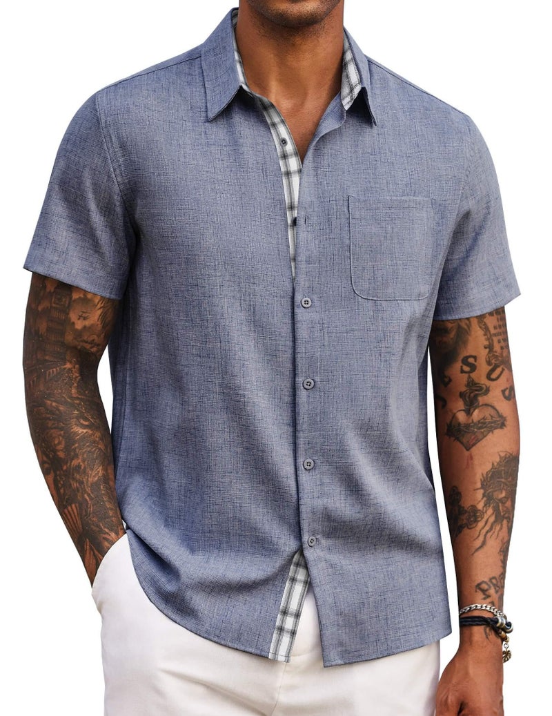 COOFANDY Men's Button Down Shirt Summer Beach Shirt Short Sleeve Untucked Shirt Dark Blue - Image 1
