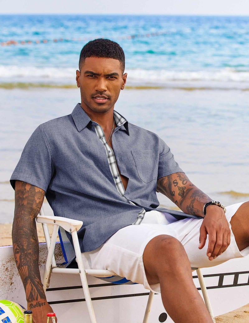 COOFANDY Men's Button Down Shirt Summer Beach Shirt Short Sleeve Untucked Shirt Dark Blue - Image 2