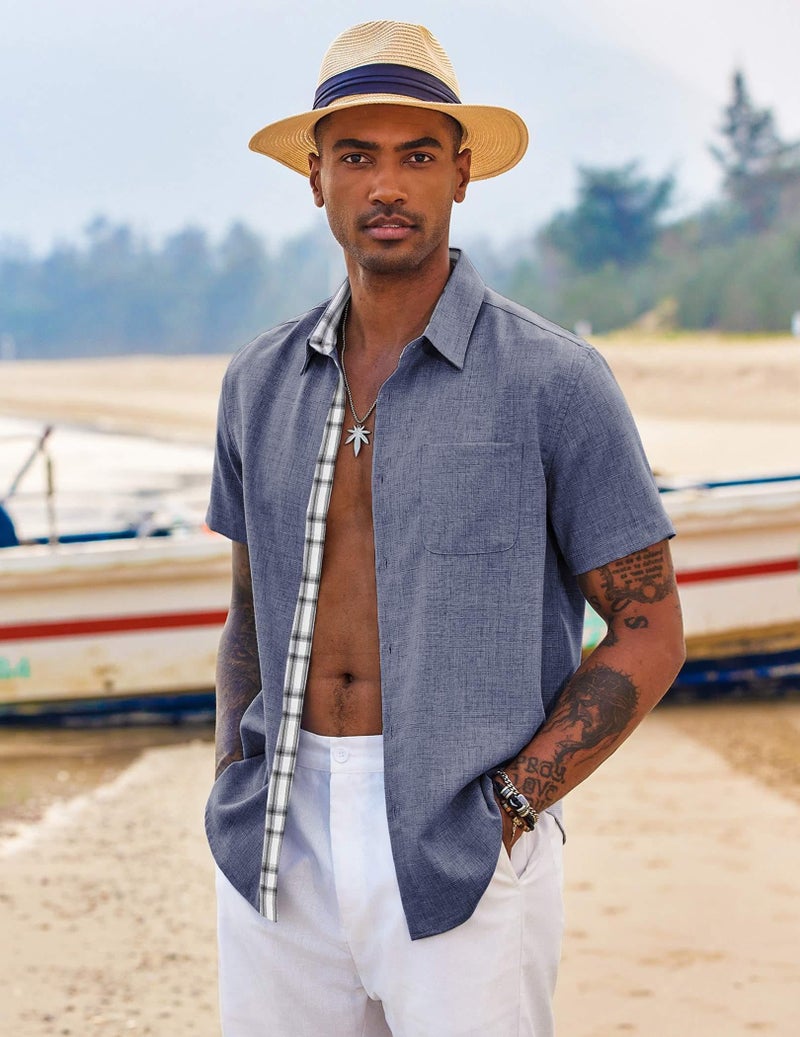 COOFANDY Men's Button Down Shirt Summer Beach Shirt Short Sleeve Untucked Shirt Dark Blue - Image 4