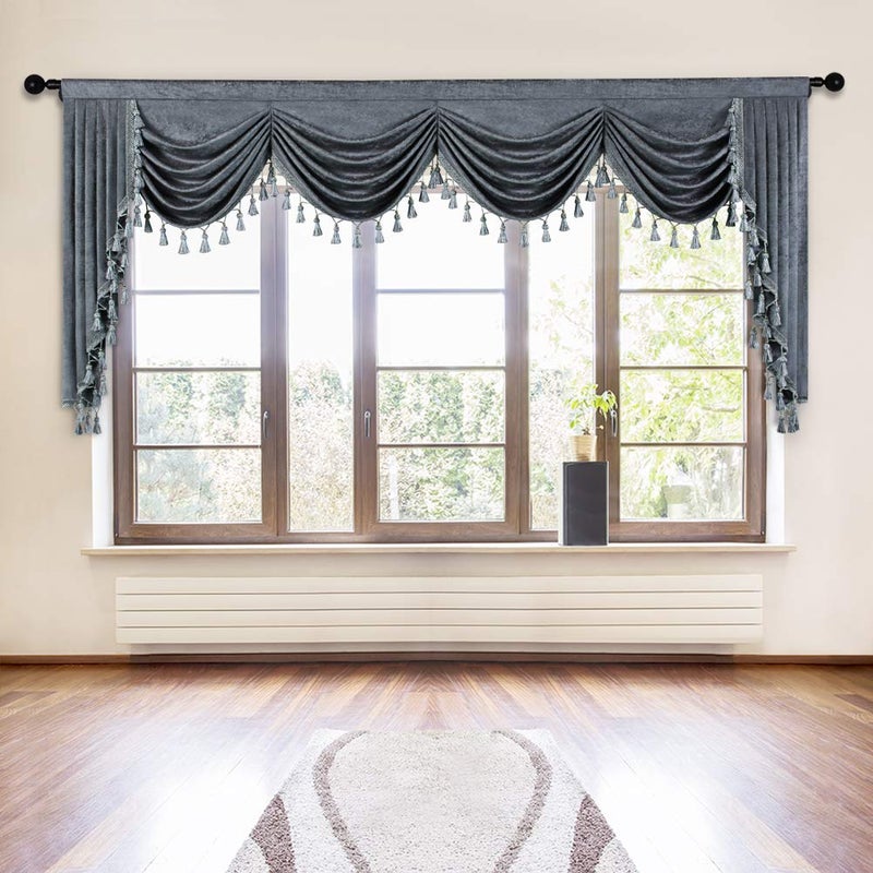 ELKCA ELKCA Grey Chenille Swag Waterfall Window Curtains Valance for Living Room Modern Valance for Bedroom Curtains for Kitchen(W110inch  1 Panel)  - Image 1