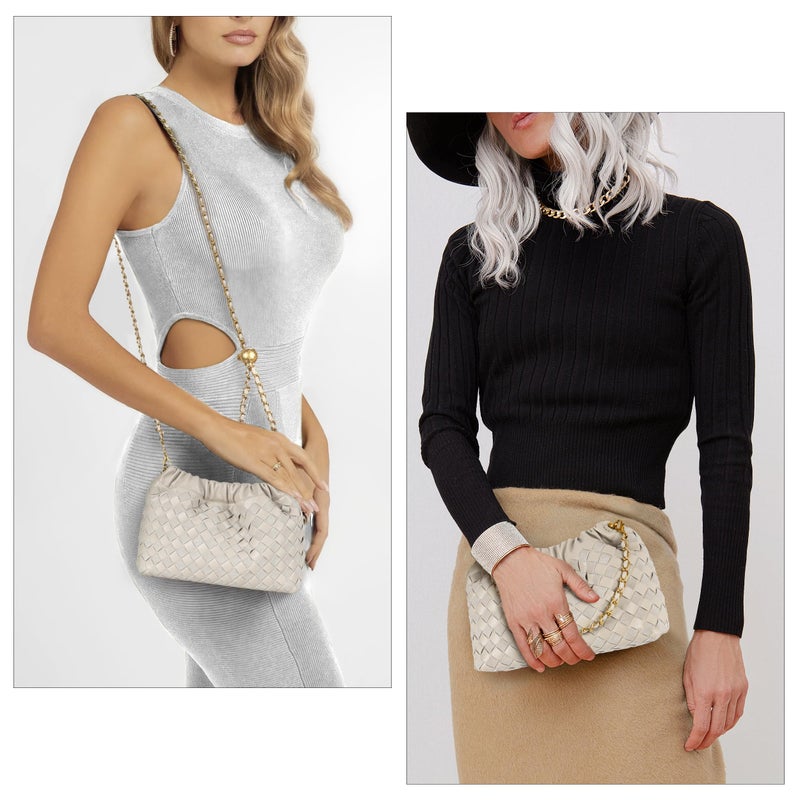 Joryin Woven Women's Crossbody Bag & Evening Purse, Trendy Dumpling Clutch & Hobo Cloud Shoulder Bag Trendy Dumpling Clutch Vegan Leather, Light Beige - Image 3