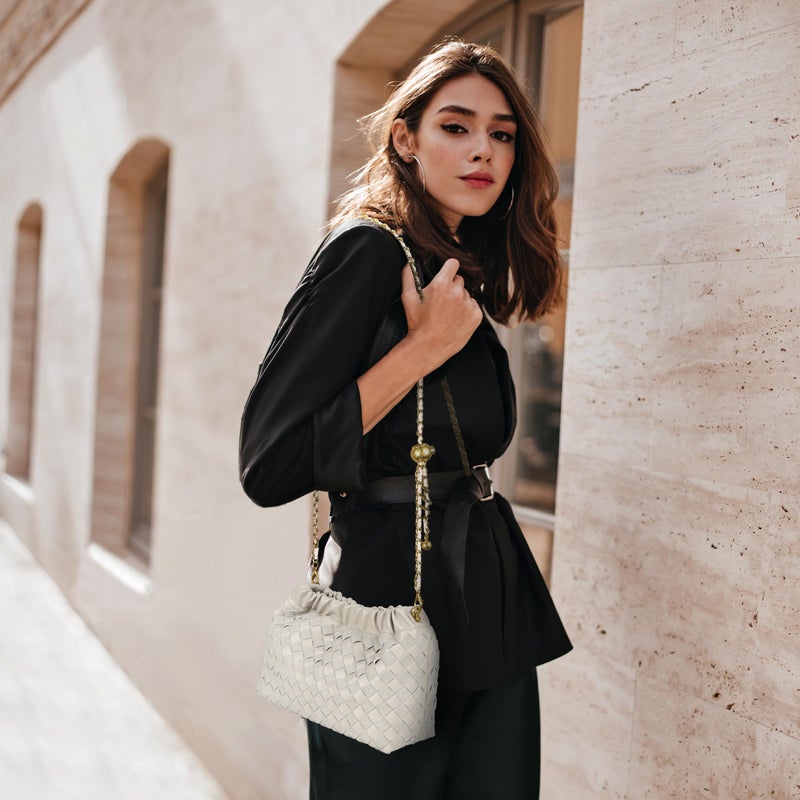 Joryin Woven Women's Crossbody Bag & Evening Purse, Trendy Dumpling Clutch & Hobo Cloud Shoulder Bag Trendy Dumpling Clutch Vegan Leather, Light Beige - Image 2