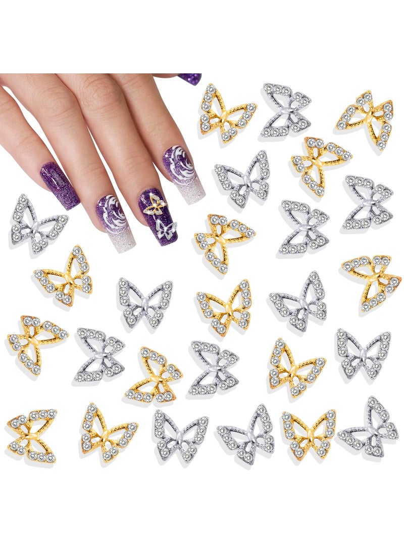 KASTWAVE 26PCS 3D Butterfly Nail Charms Crystals Diamonds Rhinestones, Metal Alloy Gold Silver Nail Art Jewelry Decorations 3D Butterfly Shape Gemstone Design for Manicure DIY Accessory 13Gold and 13Silver - Image 1