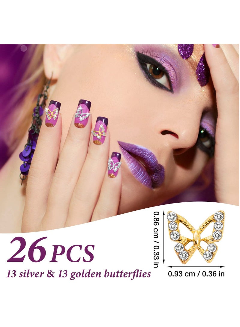 KASTWAVE 26PCS 3D Butterfly Nail Charms Crystals Diamonds Rhinestones, Metal Alloy Gold Silver Nail Art Jewelry Decorations 3D Butterfly Shape Gemstone Design for Manicure DIY Accessory 13Gold and 13Silver - Image 2