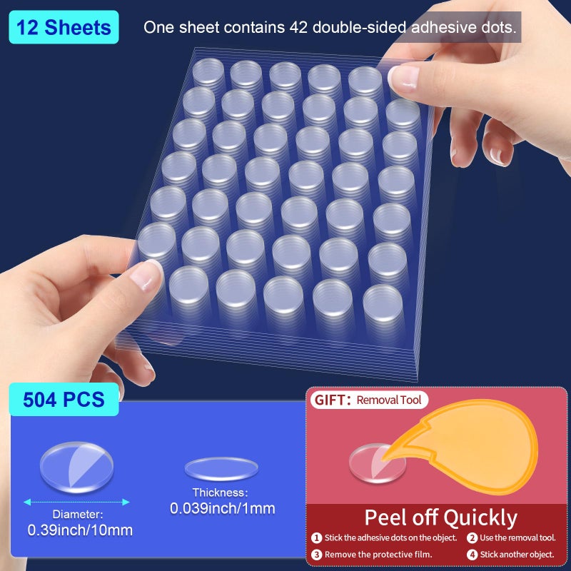 PHIXBEAR 504 Pcs Clear Removable Adhesive Dots, Glue Point Dots for Crafts Balloons Poster, Double Sided Sticky Round Dots (0.39 Inch) - Image 2