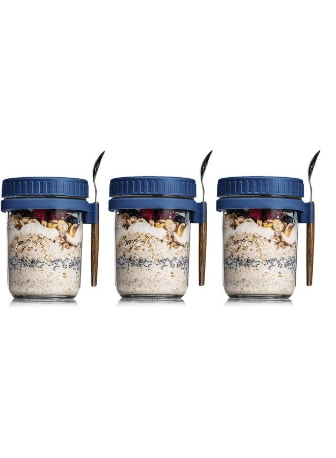 Ash & Roh Overnight Oats Containers with Lids and Spoons 350 ml Glass Mason Jars for Overnight Oats Leak Proof Oatmeal Container Great for Cereal Fruit Vegetable Milk Salad Yogurt (Blue 3) - Image 1