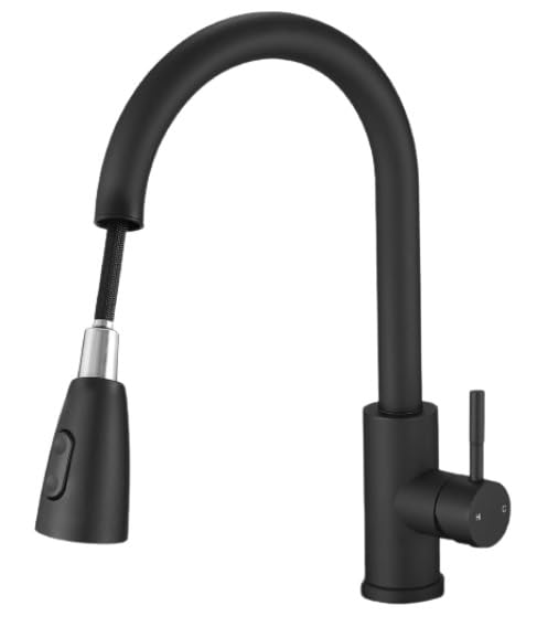 Alark Kitchen Faucet Black 360 Rotation Water Saving Bubbling Water Faucet Stainless Steel Mixing Faucet Modern Single PullDown Handle Single Hole Kitchen Tap Faucet Pull Out Hose 46x26x65 CM - Image 1