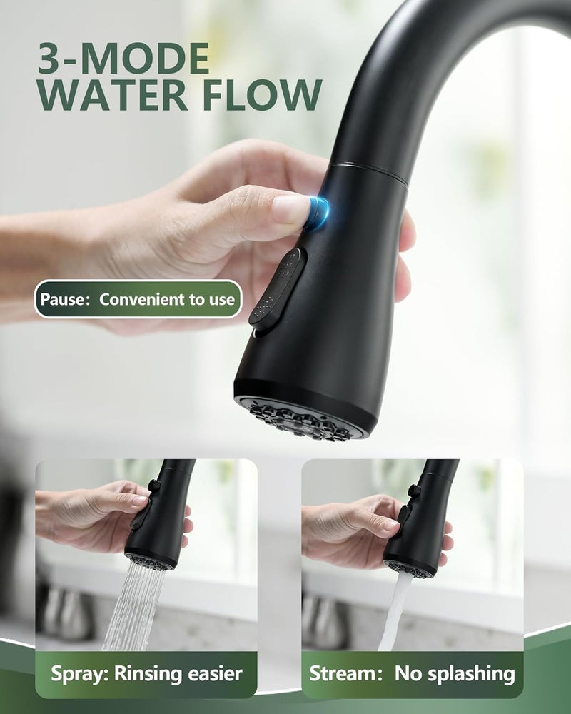 Alark Kitchen Faucet Black 360 Rotation Water Saving Bubbling Water Faucet Stainless Steel Mixing Faucet Modern Single PullDown Handle Single Hole Kitchen Tap Faucet Pull Out Hose 46x26x65 CM - Image 2