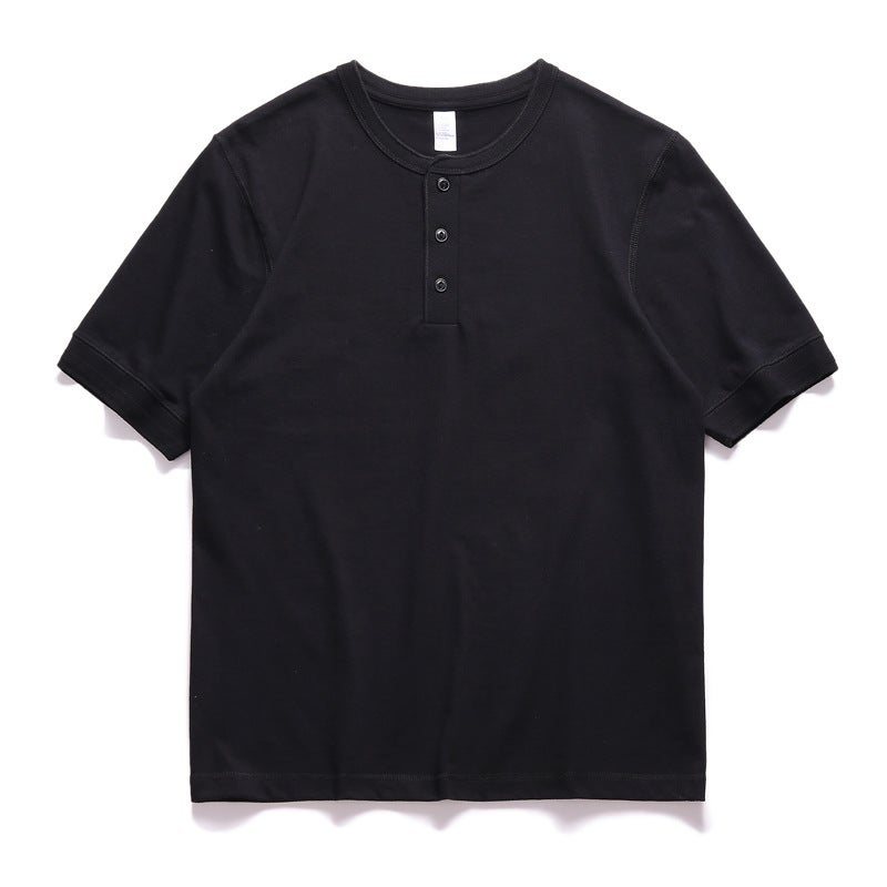 Three Needles American Retro Heavyweight T-Shirt Men'S Ami Khaki Pure Cotton White T-Shirt Henry Collar Men'S Short Sleeves - Image 1