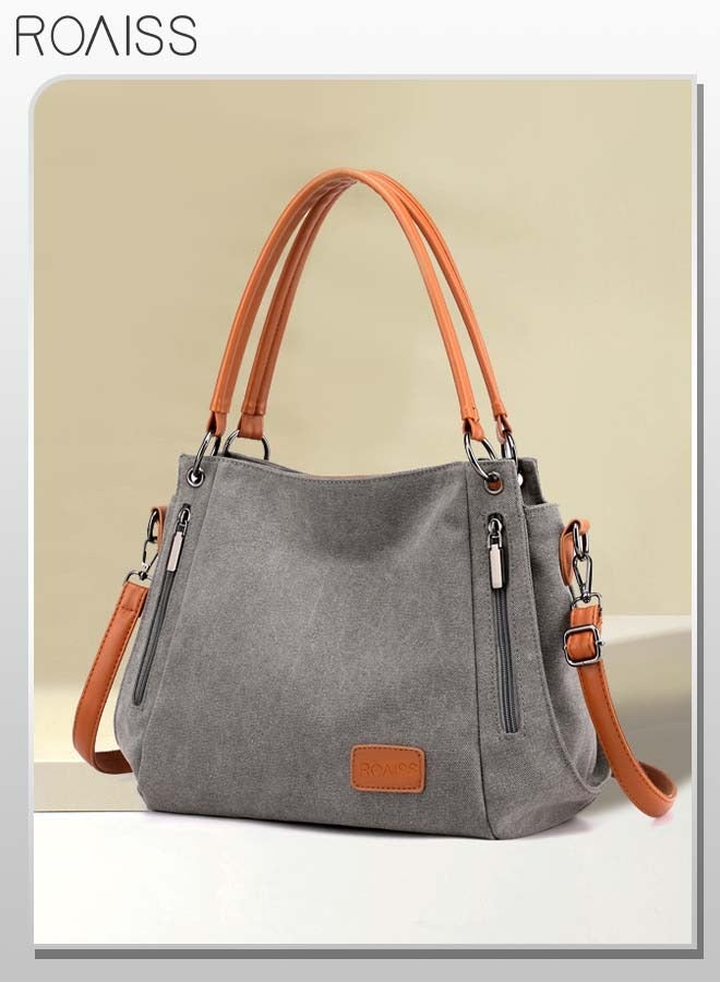 roaiss Versatile Large Capacity Tote Bag Casual Canvas Crossbody Bag with Long Strap and Multiple Pockets for Young Women and Teens Ideal for School and Shopping Grey and Orange - Image 1