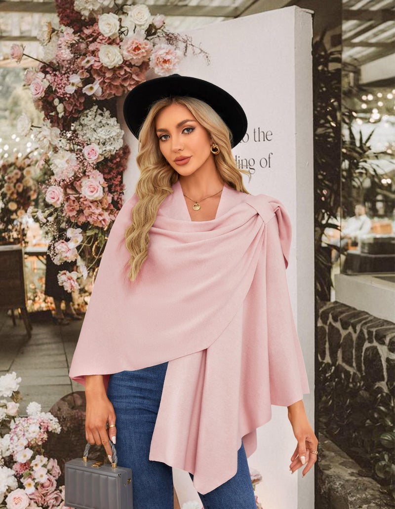 PULI Womens Pink Large Cross Front Poncho Sweater Wrap Topper Knitted Elegant Shawls Cape for Fall Winter - Image 3