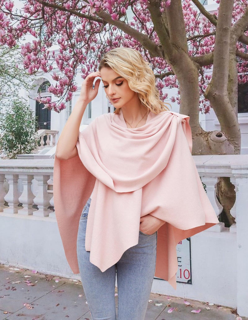 PULI Womens Pink Large Cross Front Poncho Sweater Wrap Topper Knitted Elegant Shawls Cape for Fall Winter - Image 2