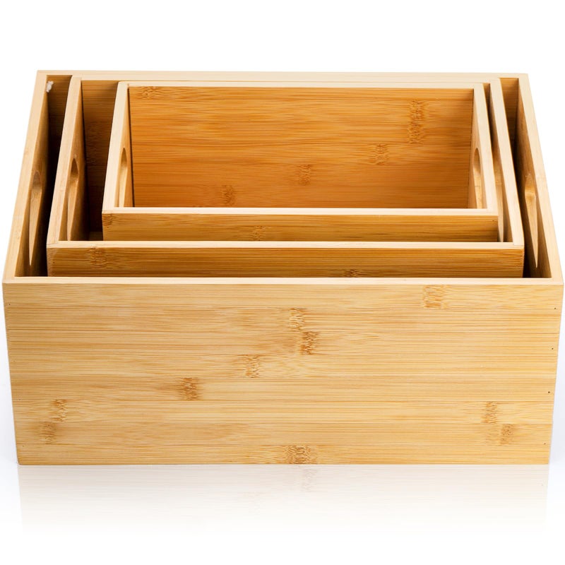 DEAYOU 3 Pack Bamboo Storage Bin, Bamboo Storage Box Crate, Natural Nesting Organizer, Stackable Cubby Basket Container Holder with Handle for Display, Book, Toy, Snack, Decor, Modular Open, 3 Sizes - Image 4