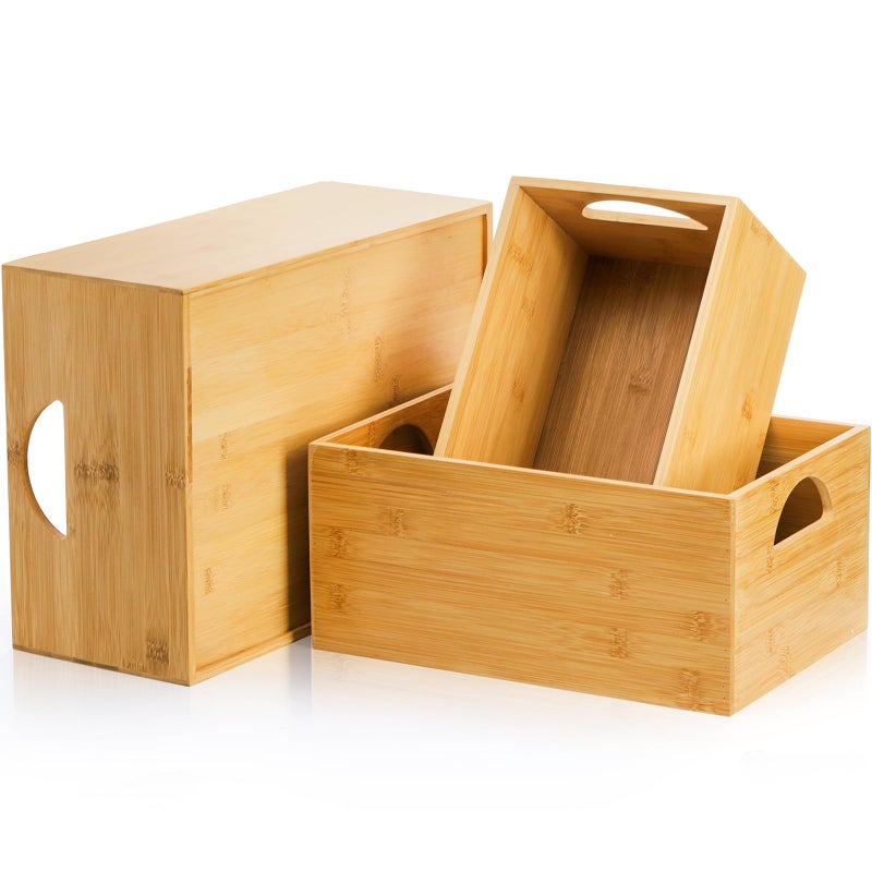DEAYOU 3 Pack Bamboo Storage Bin, Bamboo Storage Box Crate, Natural Nesting Organizer, Stackable Cubby Basket Container Holder with Handle for Display, Book, Toy, Snack, Decor, Modular Open, 3 Sizes - Image 5