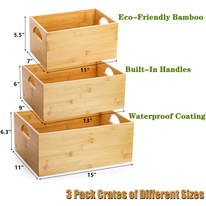 DEAYOU 3 Pack Bamboo Storage Bin, Bamboo Storage Box Crate, Natural Nesting Organizer, Stackable Cubby Basket Container Holder with Handle for Display, Book, Toy, Snack, Decor, Modular Open, 3 Sizes - Image 2