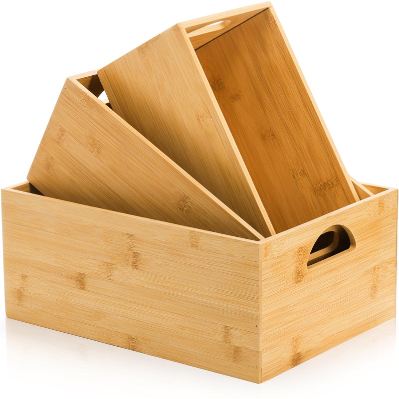 DEAYOU 3 Pack Bamboo Storage Bin, Bamboo Storage Box Crate, Natural Nesting Organizer, Stackable Cubby Basket Container Holder with Handle for Display, Book, Toy, Snack, Decor, Modular Open, 3 Sizes - Image 3