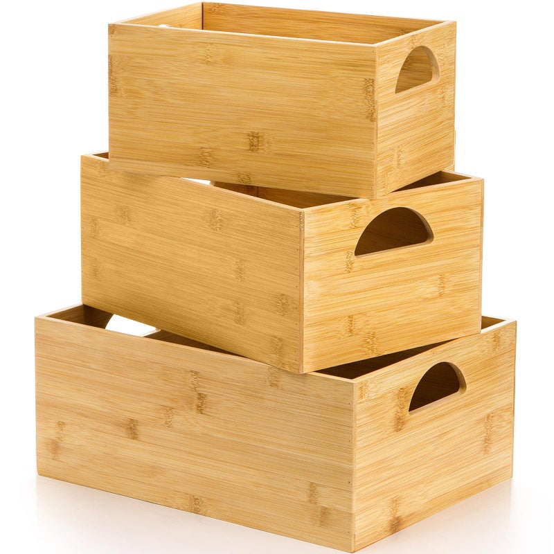 DEAYOU 3 Pack Bamboo Storage Bin, Bamboo Storage Box Crate, Natural Nesting Organizer, Stackable Cubby Basket Container Holder with Handle for Display, Book, Toy, Snack, Decor, Modular Open, 3 Sizes - Image 1