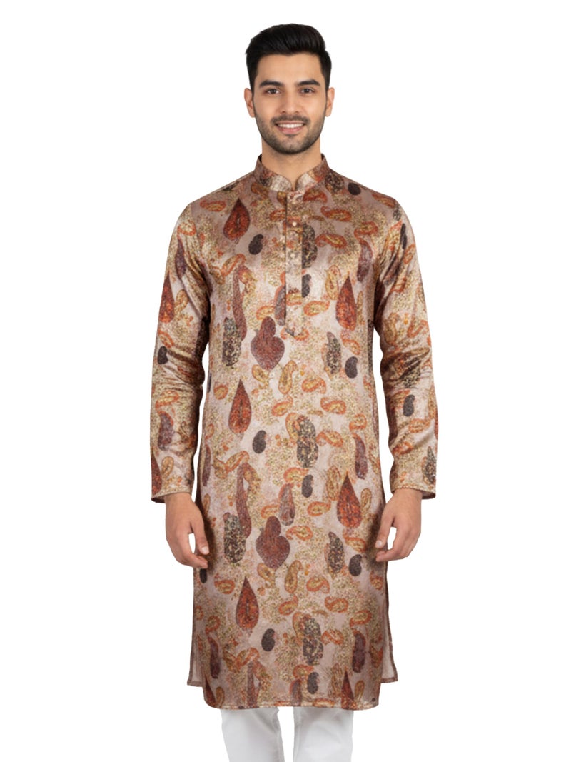 VASTRAMAY Men's Beige Satin Kurta - Image 1