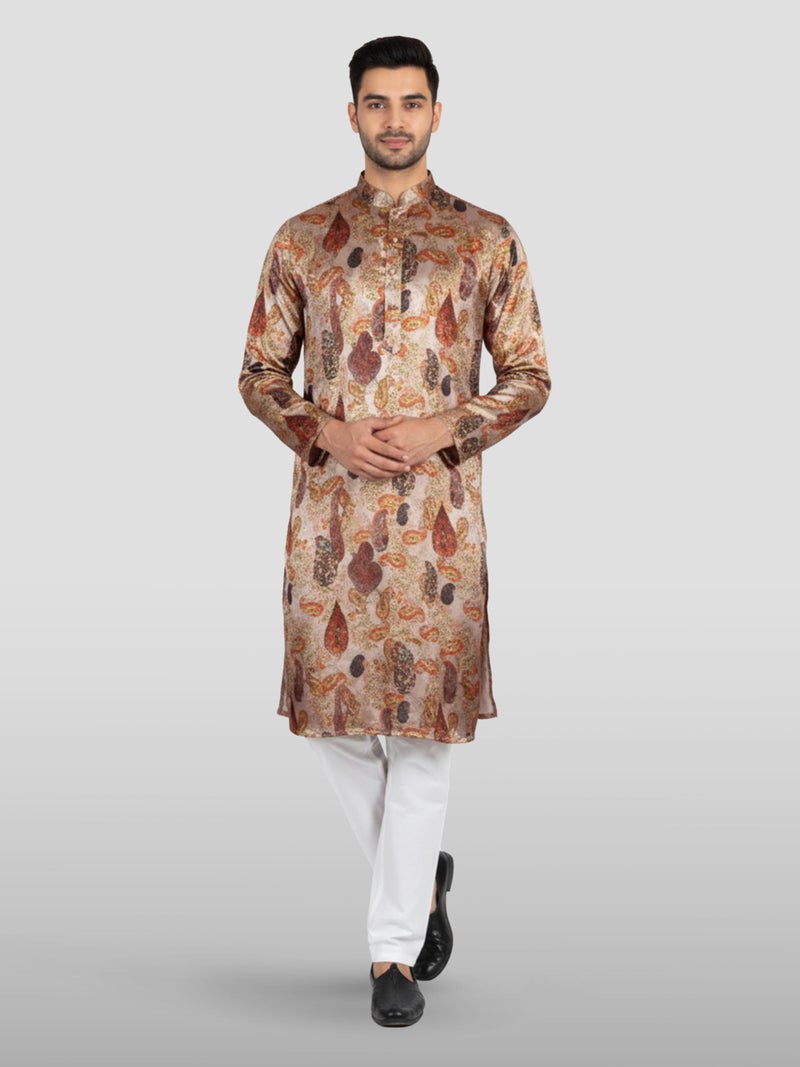 VASTRAMAY Men's Beige Satin Kurta - Image 5