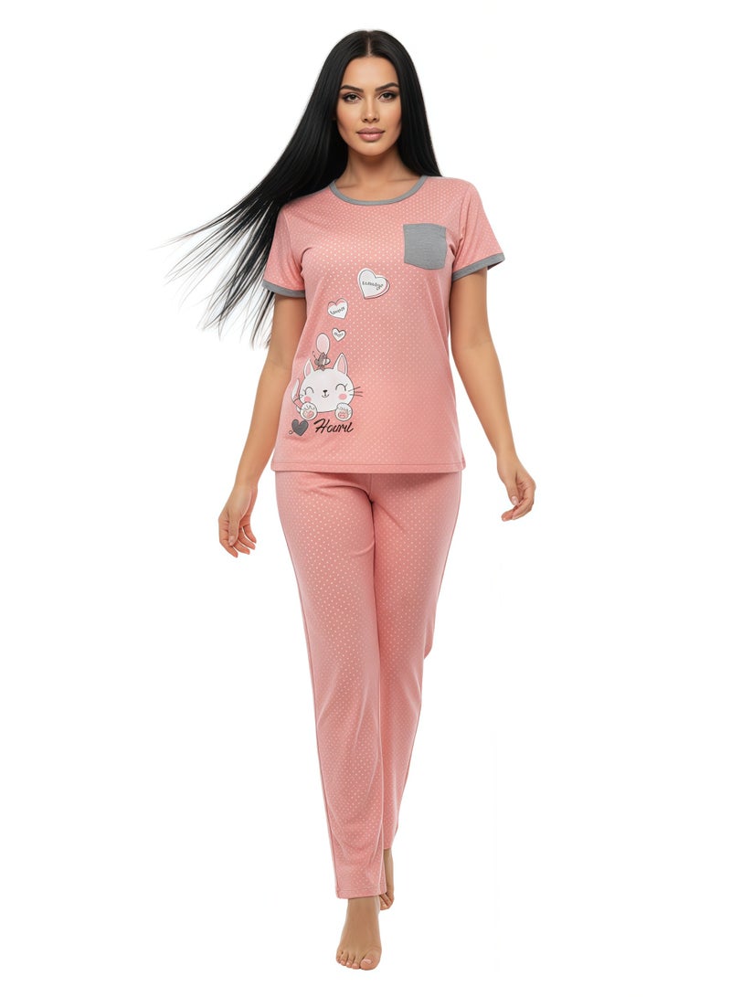 JOANNA Women's Good Life Print With Pocket Short Sleeve Shirt & Long Pants Pajama Set, Pink, M - Image 2