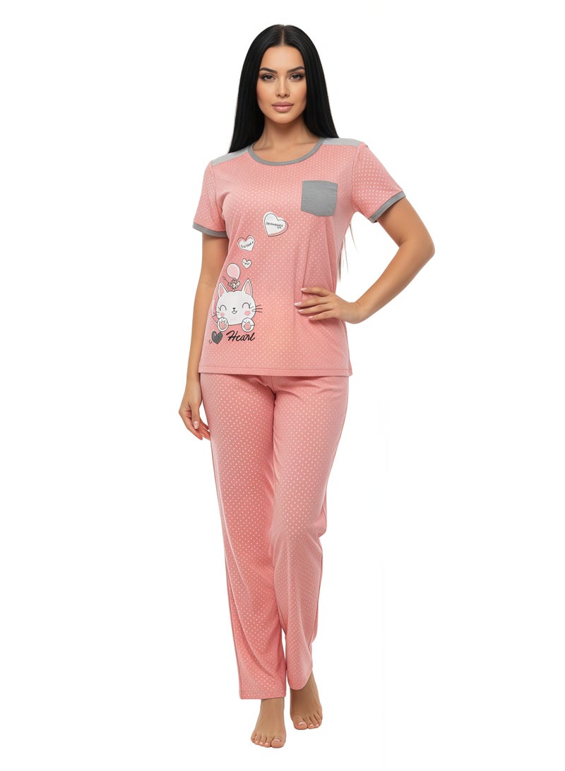 JOANNA Women's Good Life Print With Pocket Short Sleeve Shirt & Long Pants Pajama Set, Pink, M - Image 4