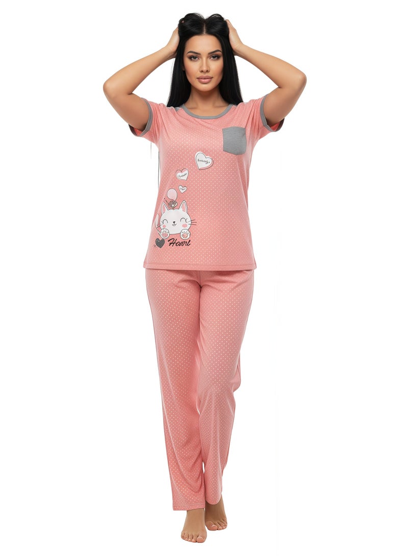 JOANNA Women's Good Life Print With Pocket Short Sleeve Shirt & Long Pants Pajama Set, Pink, M - Image 3